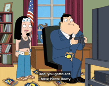 a cartoon shows a man playing a video game and a woman standing next to him saying " dad you gotta eat "
