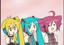 three anime characters are standing next to each other on a pink background and making funny faces .