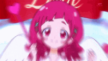 a cartoon girl with pink hair and wings is holding a heart in her hand .
