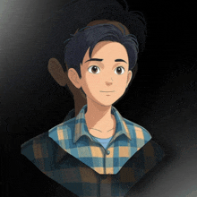 a cartoon drawing of a young boy with a plaid shirt