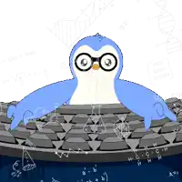 a blue and white penguin is sitting on a keyboard surrounded by equations