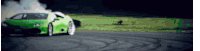 a green sports car is drifting on a track and smoke is coming out of the tires .