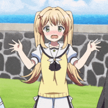 a girl with blonde hair is standing in front of a stone wall