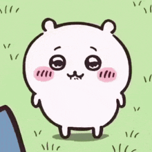 a cartoon of a white bear standing in the grass next to a cell phone .
