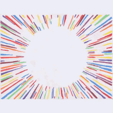 a drawing of rainbow colored lines on a white background with a circle in the middle