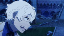 a cartoon character with white hair and blue earrings stands in front of a castle