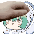 a pixel art drawing of a girl with green hair and a hat on .