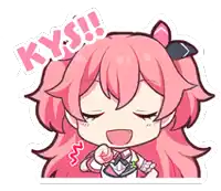 a cartoon of a girl with pink hair and the word kyss on her head .