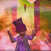 a girl with purple hair and a crown on her head stands in front of a wall with the words madhouse.ebay written above her