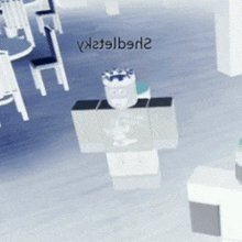 a roblox character with a crown on his head is standing in a room with chairs and tables