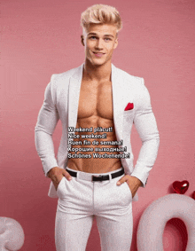 a shirtless man in a white suit says weekend placut nice weekend buen fin de semana