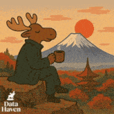 a moose is sitting on a rock holding a cup of coffee with a mountain in the background