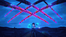 a cartoon character is standing on a roof with purple swords coming out of the ceiling