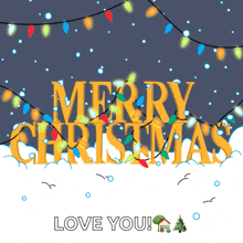 a merry christmas greeting card with a house and a tree