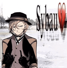 a drawing of a man in a hat with the word sybeau in the background