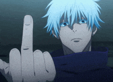 a man with blue hair is making a middle finger gesture