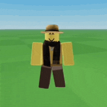 a roblox character wearing a hat and scarf stands in a field
