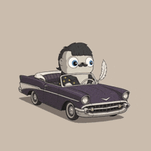 a cartoon character is driving a car with a pen in his hand