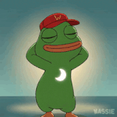a green frog wearing a red w hat