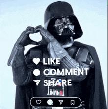 darth vader is making a heart shape with his hands with the words like comment share below him