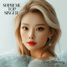 a poster for supreme top singer shows a blonde woman with red lips