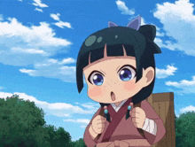 a little girl with a bow in her hair stands in front of a blue sky with clouds