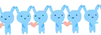 a row of blue rabbits holding pink hearts in their hands