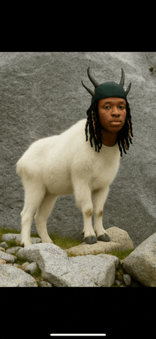 a goat wearing a black hat with horns