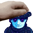 a pixel art of a man wearing sunglasses and a hat being propped up by a hand .