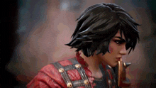 a close up of a video game character with short hair and a red jacket .