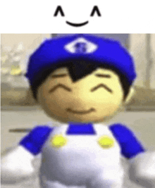a close up of a person wearing a blue hat and white overalls with a smiley face .
