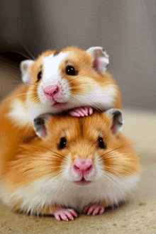 two hamsters are sitting on top of each other on the floor