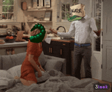 a man with a gator bag on his head stands next to a woman