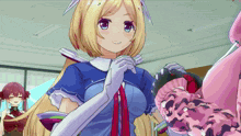 a girl in a blue dress with white gloves is smiling
