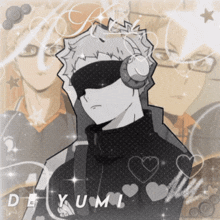 a black and white drawing of a man with headphones and the name yumi