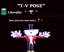 a pixel art of a cartoon character with the words " t-v pose "