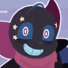 a close up of a cartoon character with blue eyes and stars on his face .