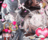 a couple of anime characters are surrounded by hearts and other icons