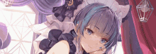 a girl with purple hair and blue eyes is wearing a maid costume