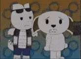 two white cartoon dogs are standing next to each other . one of the dogs is wearing sunglasses and a scarf .