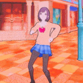 a girl in a school uniform is dancing in a video game while standing on a tiled floor .