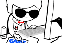 a black and white drawing of a man using a computer