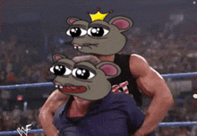 a cartoon of a bear with a crown on its head is being held by a referee in a wrestling ring