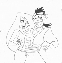 a black and white drawing of a man and a woman from kim possible standing next to each other .