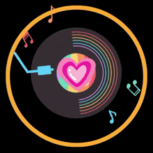 a logo for the heart of music era family with a heart on a record