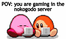 a pixel art of kirby and a cartoon character with a caption that says pov you are gaming in the nokogode server