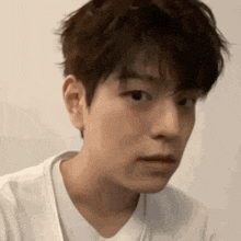 a young man with messy hair is wearing a white t-shirt and looking at the camera .