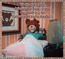 a teddy bear is laying in a bed with a lamp and a picture of a teddy bear on the wall .