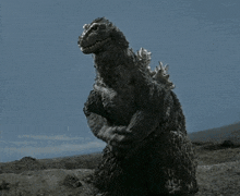 a black and white photo of a monster standing in the dirt