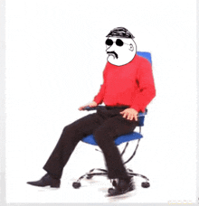 a man in a red shirt is sitting in a blue chair